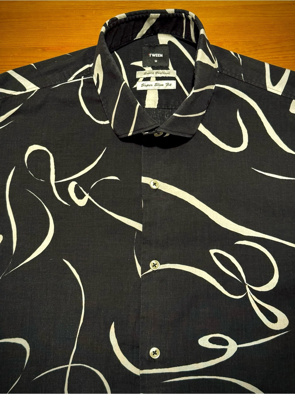 Tween Black Button-Down Shirt with White Abstract Swirl Print